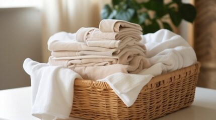 Fototapeta na wymiar Wicker basket with clean towels on table in bathroom, closeup