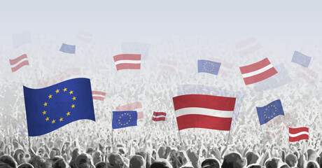 Crowd with flag of European Union and Latvia, people of Latvia with flag of EU. - obrazy, fototapety, plakaty
