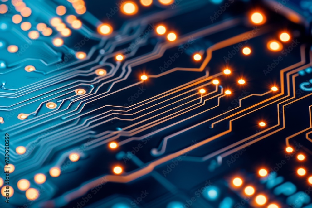 Poster Electronic Nexus: Close-Up of a Circuit Board with Illuminated Pathways, Symbolizing the Intricate Workings of Modern Technology, Generative AI
