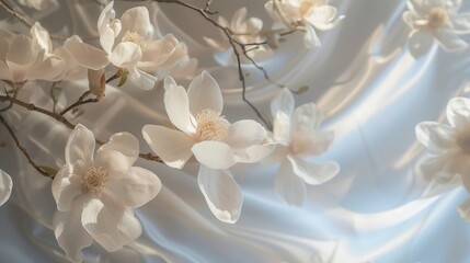 Ethereal white magnolia flowers illuminated by gentle light