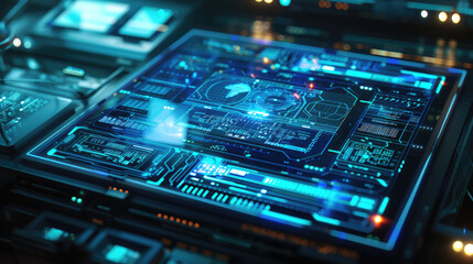 Fototapeta premium Digital touch screen of control panel in spaceship or command center, futuristic computer dashboard background. Concept of hud and ui tech, data, monitor, technology, interface