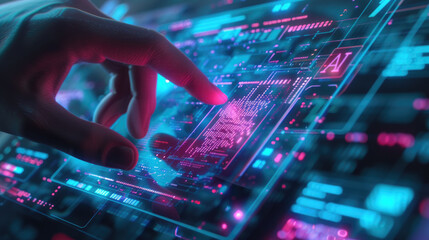 Digital touch screen of control panel in spaceship or command center, user hand and futuristic AI dashboard. Concept of hud and ui tech, data, technology, security, interface