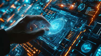 Person uses digital touch screen of control panel in spaceship or command center, hand and futuristic dashboard. Concept of hud and ui tech, data, technology, security, interface - obrazy, fototapety, plakaty