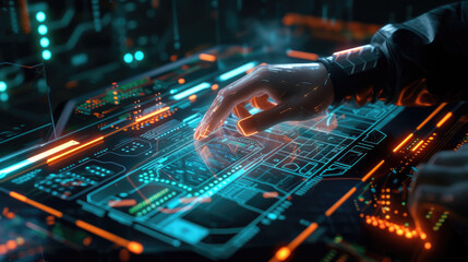 Fototapeta na wymiar AI robot uses digital touch screen of control panel in spaceship or command center, hand and futuristic dashboard. Concept of hud and ui tech, data, monitor, technology, interface