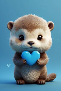 A cute doll of a bever holding a blue color love