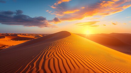 Warm, earthy tones and shifting sand dunes capture the serene beauty of a desert landscape during sunset.