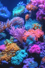 Underwater corals in various shades of blues and pinks replicate the mesmerizing beauty of a coral reef