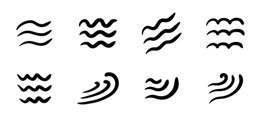 Doodle sea waves, hand drawn ocean water flow. Simple wavy lines. Vector illustration