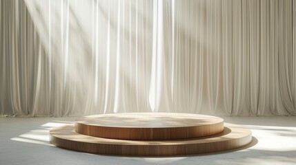 Describing an Empty Modern Wooden Podium A pristine round wooden podium stands center stage