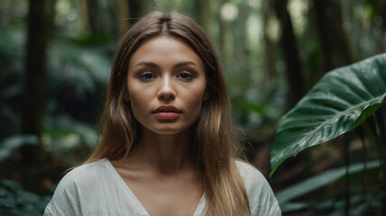 Fototapeta premium Portrait of beautiful natural beautiful women in tropical rainforest. Concept of wellbeing, mindfulness and connection with nature.