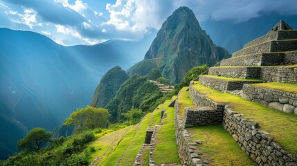 Discovering the ancient mysteries of Machu Picchu, high in the Andes Mountains - obrazy, fototapety, plakaty