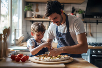 Father and son bonding over making pizza in the kitchen, a candid moment filled with teaching and laughter.

 - Powered by Adobe