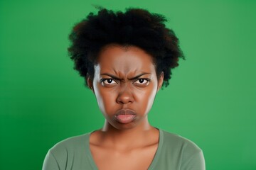 Fototapeta na wymiar Pensive Young Black Woman on a Solid Green Background. Generative AI