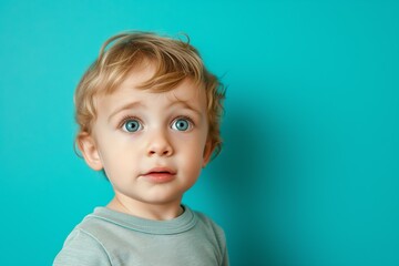 Adorable Toddler with Big Blue Eyes on a Solid Blue Background. Generative AI.