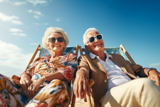 An elderly couple or couples enjoying a beach vacation. Old age retirement living, relationship. Life Moment concept image.