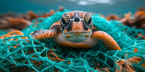 Entangled Existence: A Sea Turtle Trapped in a Fishing Net, A Stark Reminder of the Environmental Challenges Facing Marine Life, Generative AI