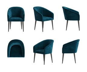 Set of six views of a chair with a quilted back, velvet dark blue cover and four black legs isolated on a transparent background. Front view, top view, two sides, and two perspectives. 3d render
