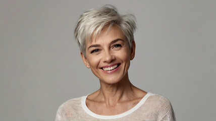Beautiful well-groomed middle aged women with grey androgynous short hair and make up