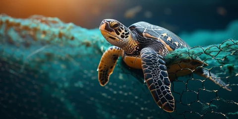 Tuinposter Entangled Existence: A Sea Turtle Trapped in a Fishing Net, A Stark Reminder of the Environmental Challenges Facing Marine Life, Generative AI © Ben