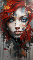 a woman with red hair painting graffiti on her face, in the style of graphic design-inspired illustrations