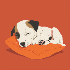 Cute dog sleeping on soft cozy pet cushion cartoon flat vector illustration isolated on background. Animal print. Comfortable home animals furniture. Cute puppy design. Children illustration. Pet shop