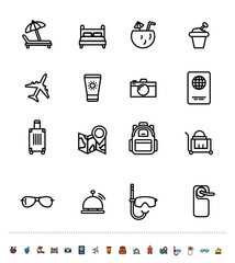 Set of vector linear and color icons. Travel.