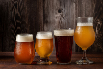 Craft beer. Different glasses of beer on the table.