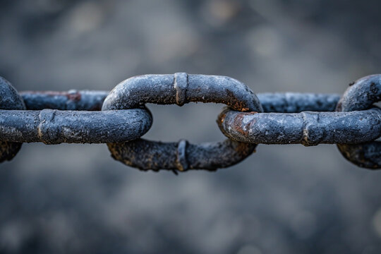 A weathered metal chain link close-up, depicting the concept of teamwork, solidarity, and cohesion