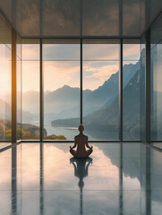 Fototapeta na wymiar large windows showing a mountain view, a person seated in lotus position, practicing mindful meditation, the room bathed in the warm glow of sunrise