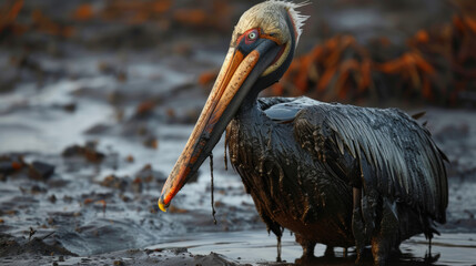 Ocean oil spill harm bird, pelican covered with oil
