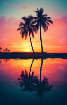 Modern background for cellphone, mobile phone, ios, android, palm trees in silhouette at a sunset