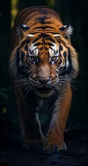 Modern background wallpaper for cellphone, mobile phone, ios, a beautiful tiger staring into the dark.