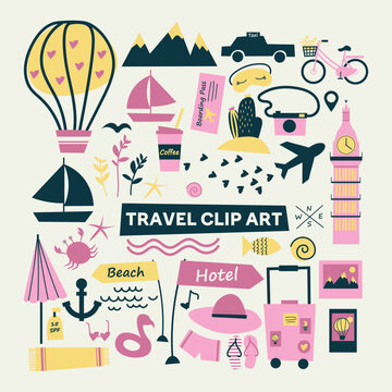 Beach and Summer icon collection. Travel, travel abroad and summer vacation trip. Hand drawn vector illustration. Perfect for sticker kit, scrapbooking, poster, tags