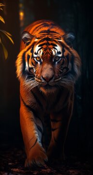 Modern background wallpaper for cellphone, mobile phone, ios, a beautiful tiger staring into the dark.