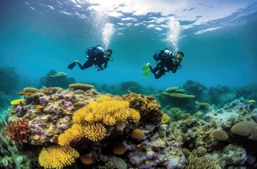 Two divers and some corals in a shallow water reef