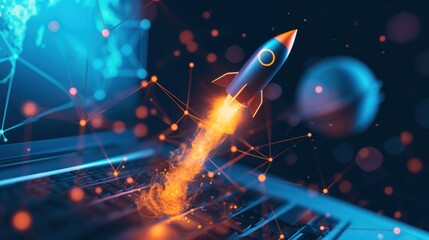 Rocket Soaring From Laptop Screen, global business connection concept