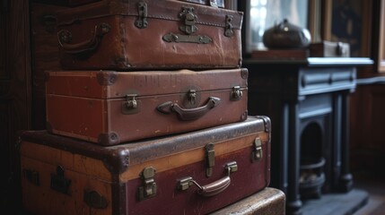 Vintage old classic travel leather suitcases., Old vintage bag suitcases. Generative Ai