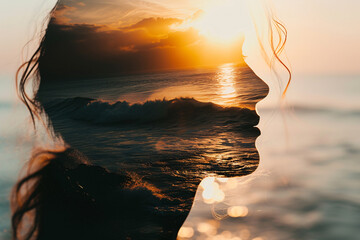 Mindfulness, meditation and breathing concept, double exposure of a woman, and a beautiful sunset over the ocean - obrazy, fototapety, plakaty