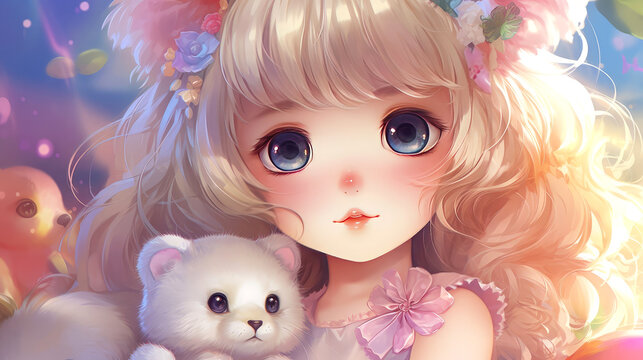 A beautiful girl - princess with large expressive eyes in clothes made of cream feathers, a magnificent hairstyle, with a toy bear in her hands on an abstract background, ears.