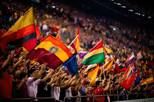Exuberant sports fans waving flags at a stadium event in the evening.