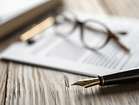 insurance policy document with a fountain pen and glasses, on a polished wooden desk