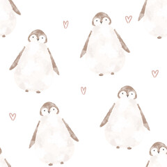 Cute Penguins and pink hearts Seamless Pattern. Watercolor baby penguins pattern. Valentine day pattern