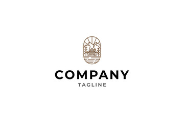 Natural Cottage Logo Concept with Pine Trees and Mountain Landscape View in Frame.