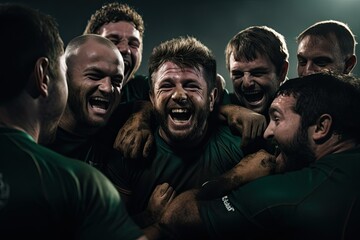 Exhilarated rugby players celebrate victory at dusk with expressive emotions.