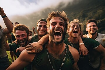 Exhilarated rugby players celebrate victory at dusk with expressive emotions.
