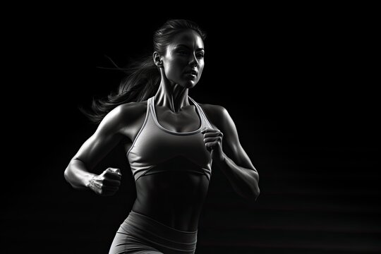 Model athlete runs on black background. Fit woman exercising
