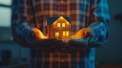 a builder holds in his hands a 3D projection of a cottage glowing with warm evening light from the windows 