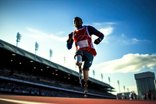 Motivated paralympian athlete sprinting in stadium.