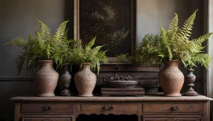 Ferns and Flowers in Clay Vases on Antique Sideboard, Country Cottage Setting.