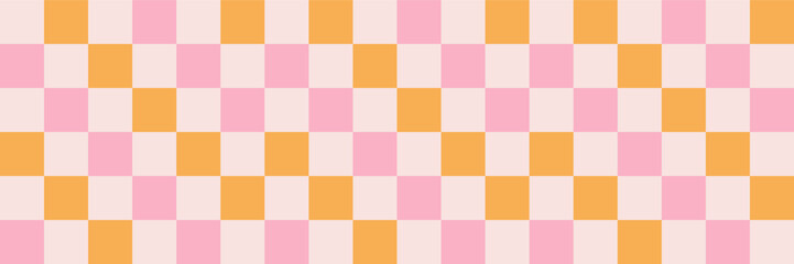 Checkerboard retro groovy background. Geometric pastel square texture in vintage Y2K style. Hippie 70s pattern. Plaid pattern background. Pink and yellow colors.